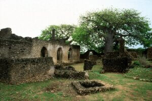 Ancient coral stone structures and mosque ruins at Takwa, a historic swahili settlement on Manda Island in Kenya