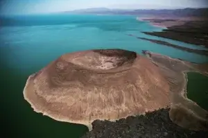 An ariel view of Nabiyotum crater in Lake Turkana, Turkana county, Kenya