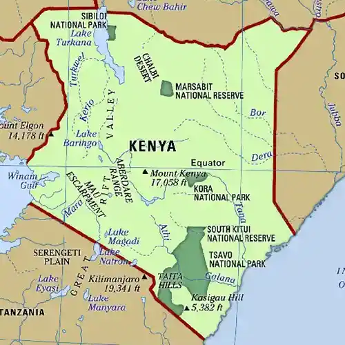 Map of Kenya showing national parks, game reserves, and major safari destinations across the country